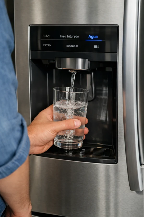 Dispensador de agua del nevecón llenando un vaso